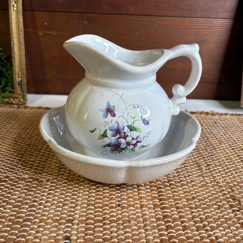 Vintage McCoy 7528 Pitcher and Bowl Set White with Purple Violet Flowers 2pcs
